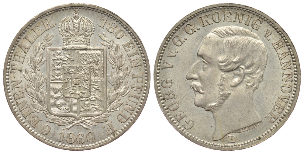 Брауншвейг-Каленберг-Ганновер 1/6 талера 1860 В, Георг  V (1851-1866) KM 238, Jaeger 95 AKS 145 серебро  aUNC  413-2022