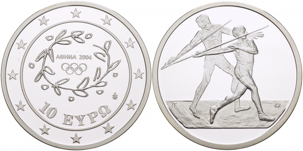 Греция 10 евро 2003 XXVIII летние Олимпийские игры 2004 года в Афинах, метание копья KM 193 серебро PROOF 04-101-11