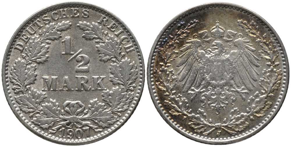 ГЕРМАНИЯ 1/2 МАРКИ 1907 J KM 17, J. 16, Weege 16 серебро 4448-753