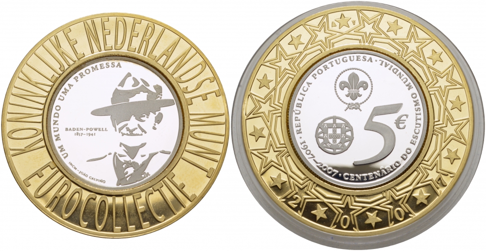 Португалия 5 евро 2007 100 лет движения скаутов, Роберт Баден-Пауэлл (1857-1941), коллекция Нидерландского монетного двора KM 770 a серебро PROOF 1068-8-21