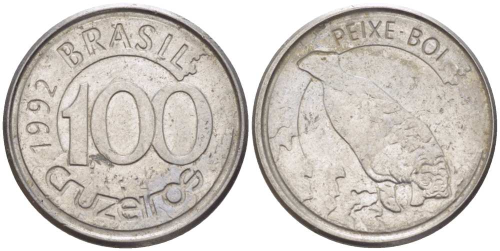 БРАЗИЛИЯ 100 КРУЗЕЙРО 1992 РЕФОРМА 1990-1993, ЛАМАНТИН KM 623 нержавеющая сталь 4387-347