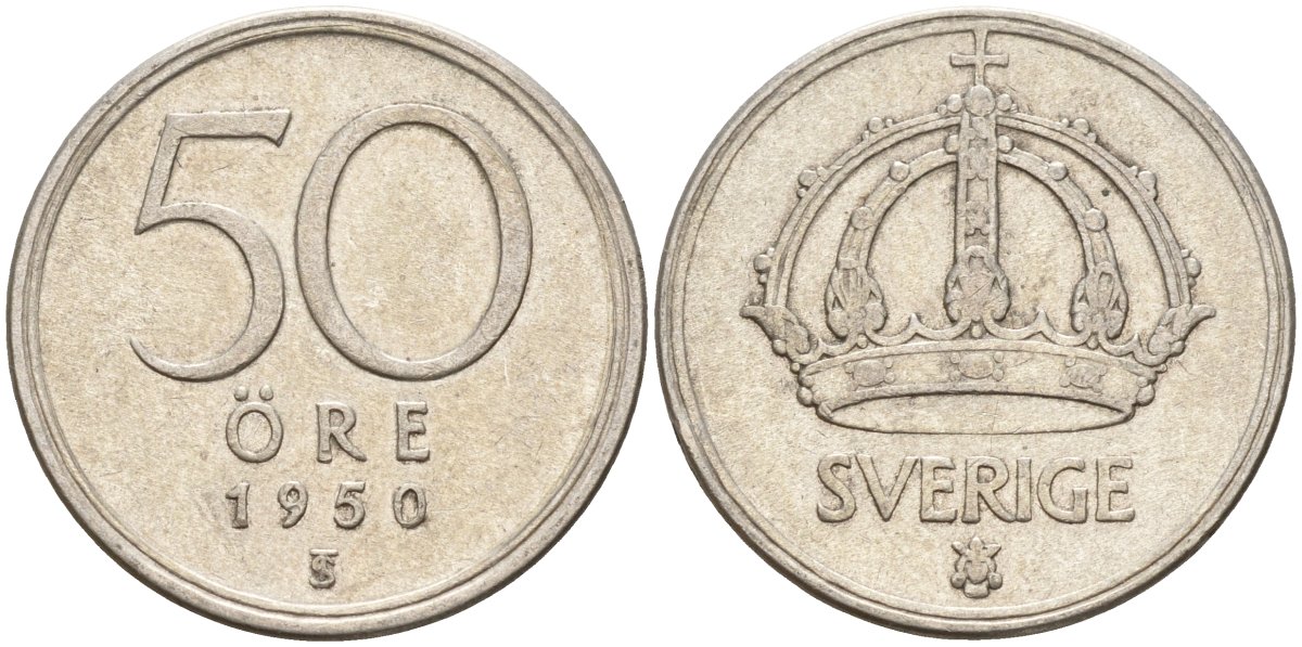 Швеция 50 эре 1950 TS, Густав V (1907-1950) KM 817 серебро 4148-911