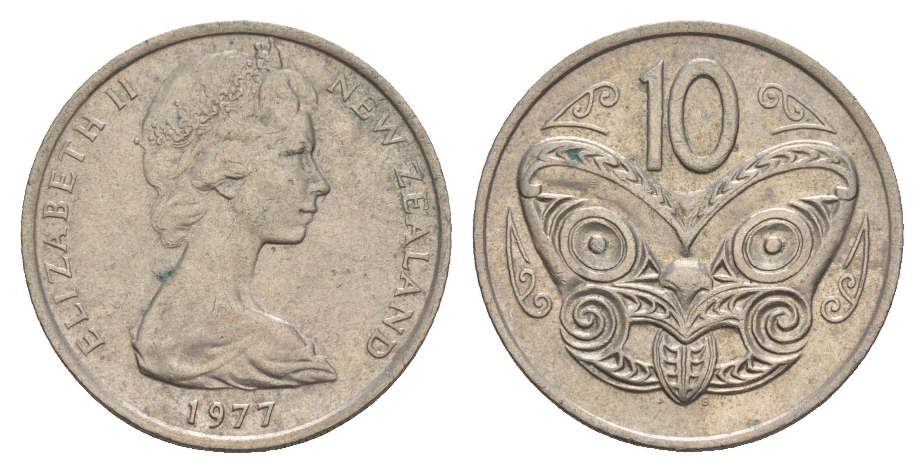 Новая Зеландия 10 центов 1977 Елизавета II (1952-2022), маска маори KM 41.1 медно-никель 4657-127