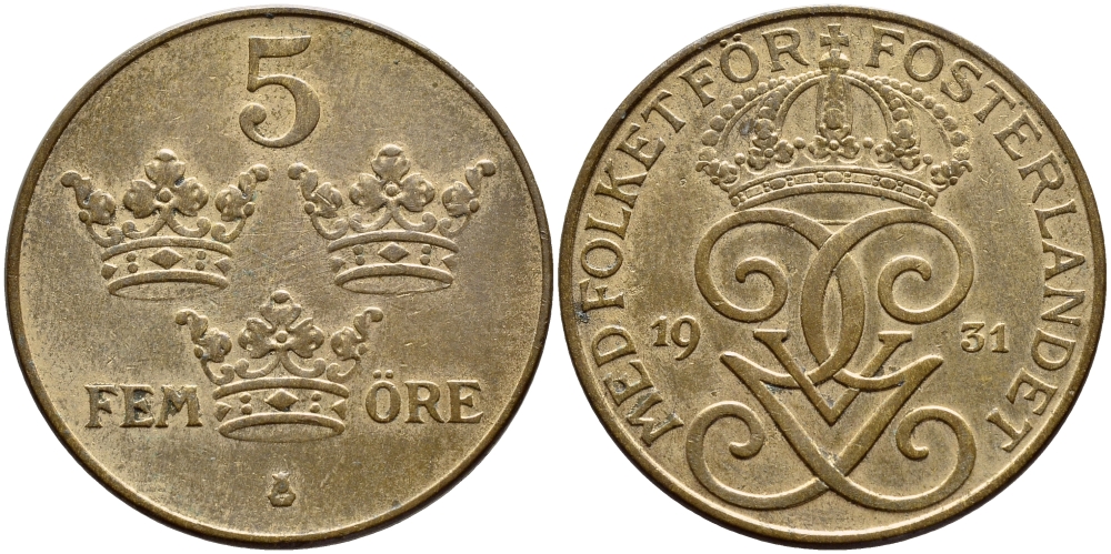 Швеция 5 эре 1931 Густав V (1907-1950) KM 779.2 бронза 4394-923