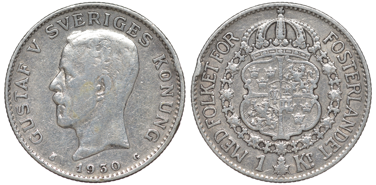 Швеция 1 крона 1930 G, Густав V (1907-1950) KM 786.2 серебро 4178-632