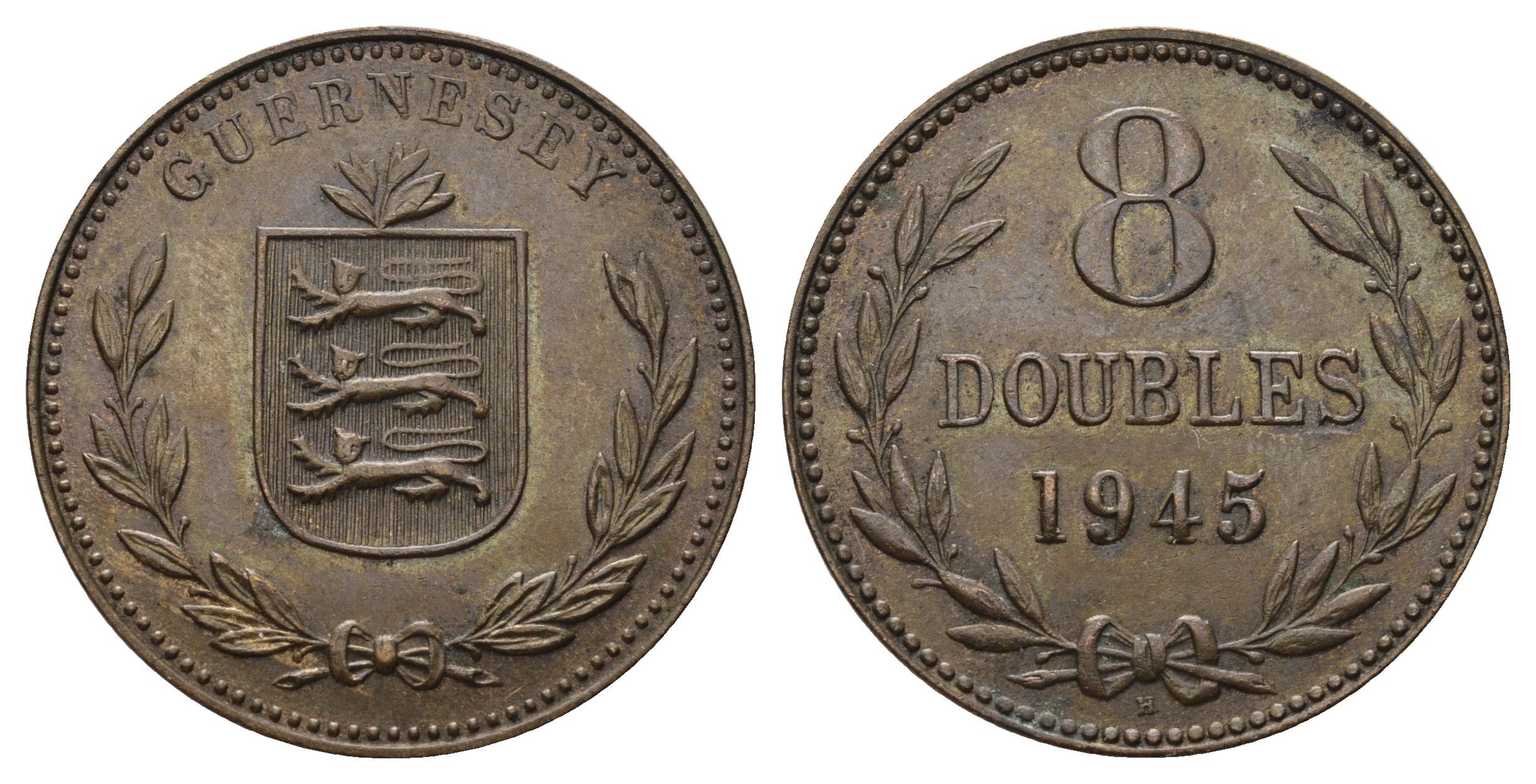 Гернси 8 даблов (дублей) 1945 KM 14 бронза 4593-841