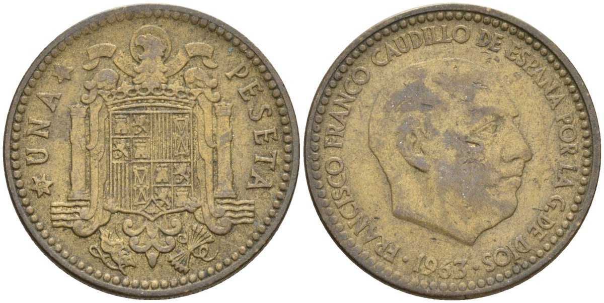 Испания 1 песета 1963 (?) Франсиско Франко (1939-1975) KM 775 алюминиевая бронза 4604-333