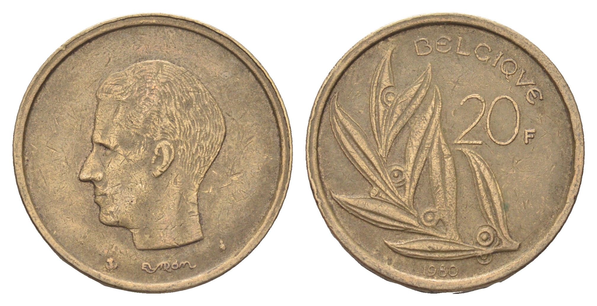 Бельгия 20 франков 1980 Belgique, Бодуэн I (1951-1993) KM 159 никель латунь 4704-1153
