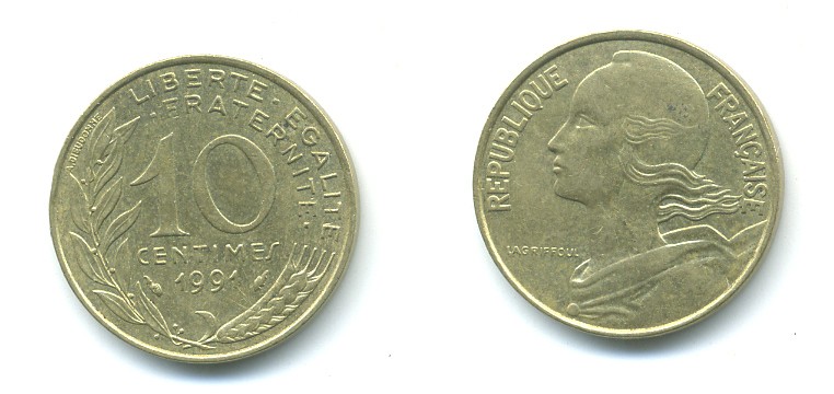 ФРАНЦИЯ 10 САНТИМОВ 1991 ТИП MARIANNE KM 929, LE FRANC 144.31 медь алюминий никель 84-1641