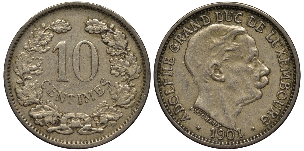 ЛЮКСЕМБУРГ 10 САНТИМОВ 1901 ВЕЛИКИЙ ГЕРЦОГ АДОЛЬФ (1890-1905) КМ 25 медно-никель 4538-716