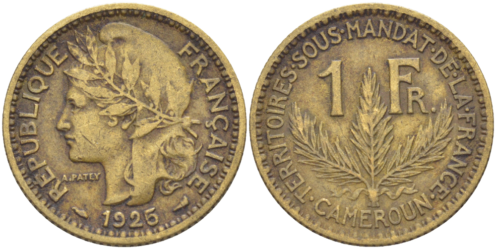 Французский Камерун 1 франк 1925 (а), монетный двор Париж KM 2 алюминиевая бронза 51-4133
