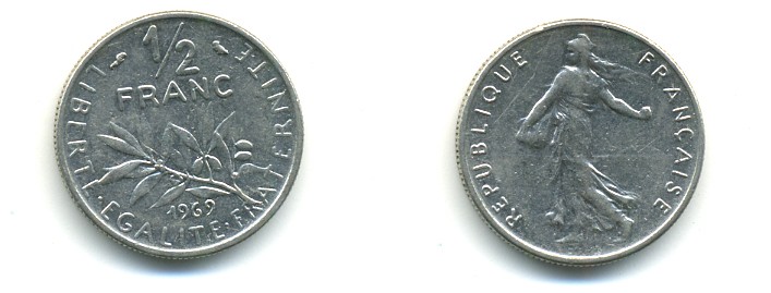 ФРАНЦИЯ 1/2 ФРАНКА 1969 KM 931.1 никель 80-868