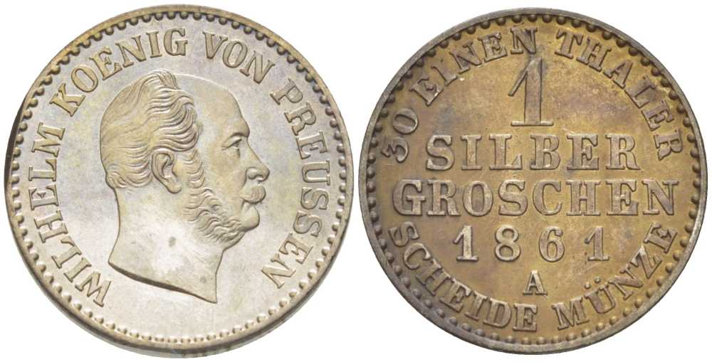Пруссия 1 серебряный грош 1861 A, Вильгельм I (1861-1888) KM 485 серебро  UNC   206-252