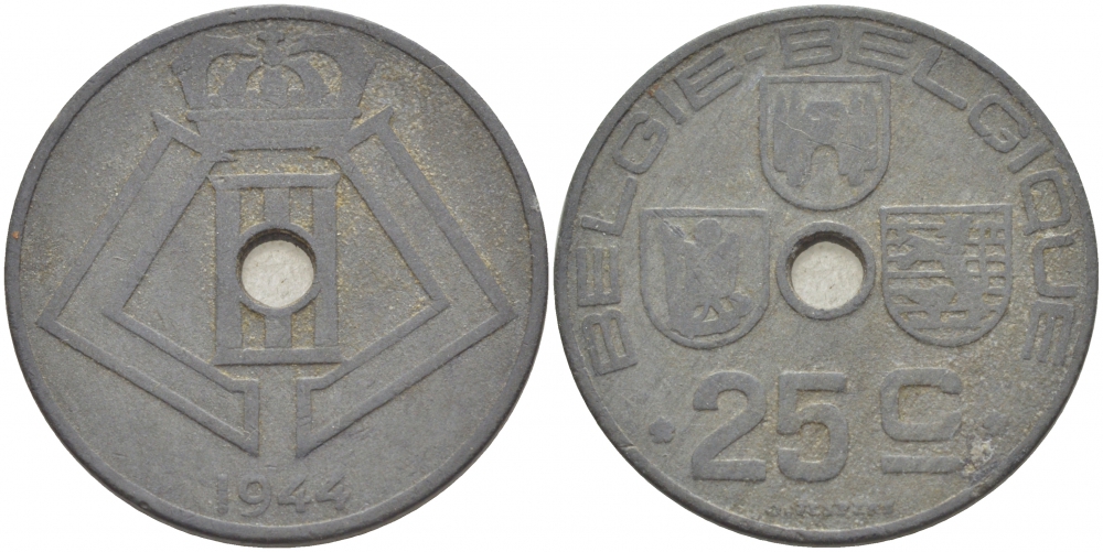 БЕЛЬГИЯ 25 САНТИМОВ 1944 BELGIE-BELGIQUE, ГЕРМАНСКАЯ ОККУПАЦИЯ, ВТОРАЯ МИРОВАЯ ВОЙНА KM 132 цинк 4529-1132