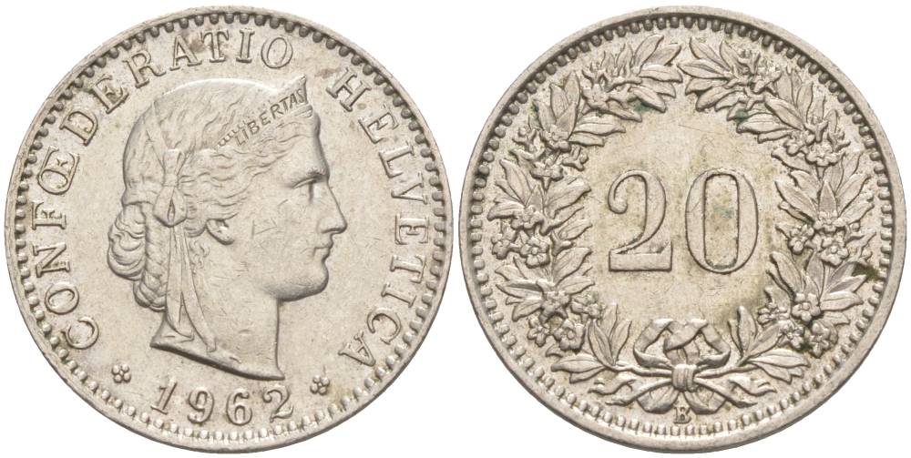 Швейцария 20 раппенов 1962 В KM 29a медно-никель 55-821