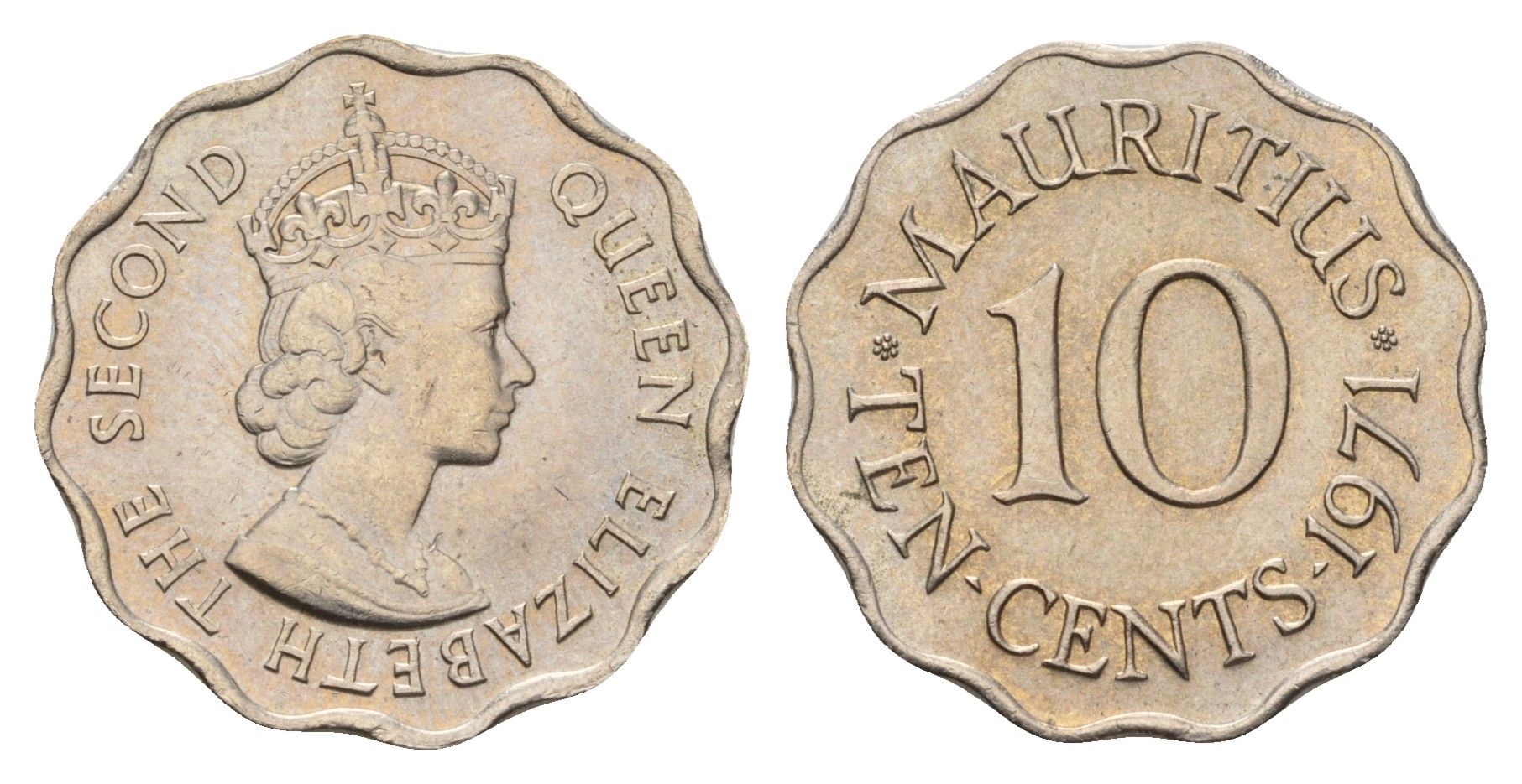 Маврикий 10 центов 1971 Елизавета II (1952-2022) KM 33 медно-никель UNC 84-544