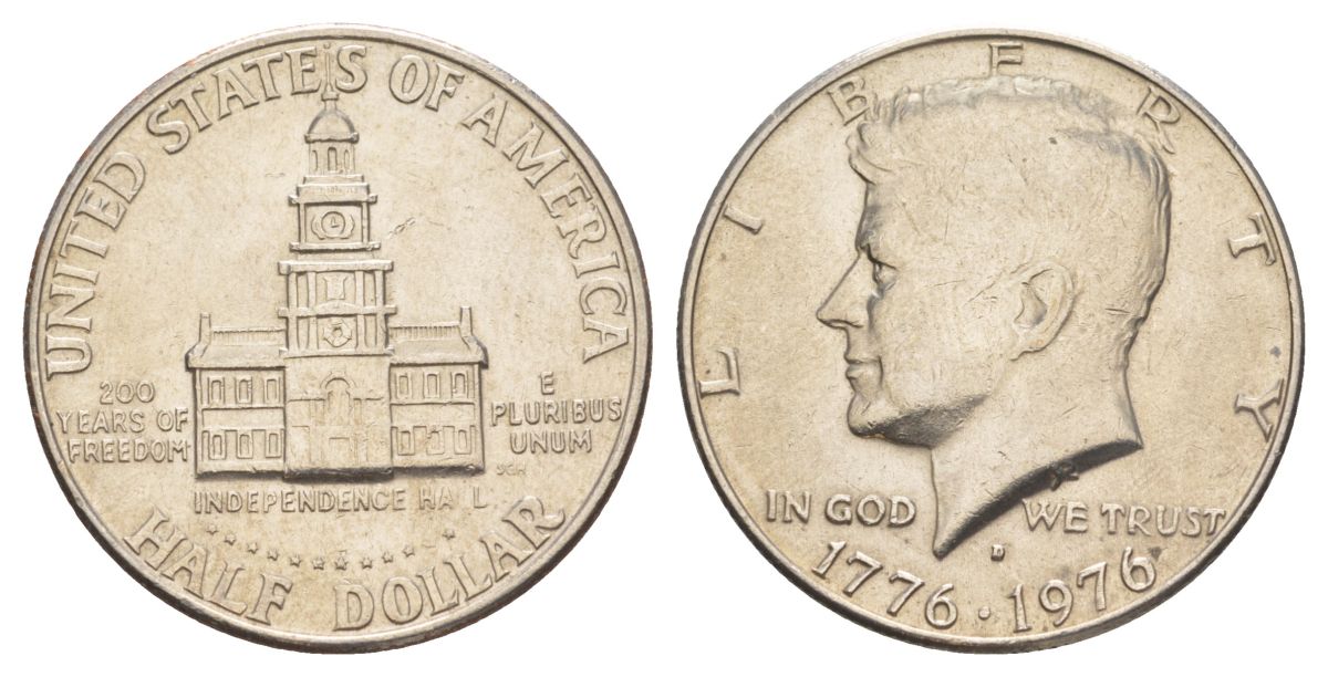 США 1/2 доллара (50 центов) 1976 D, 200 лет независимости, Джон Кеннеди KM 205 медь плакированная медно-никелем aUNC 4545-1226