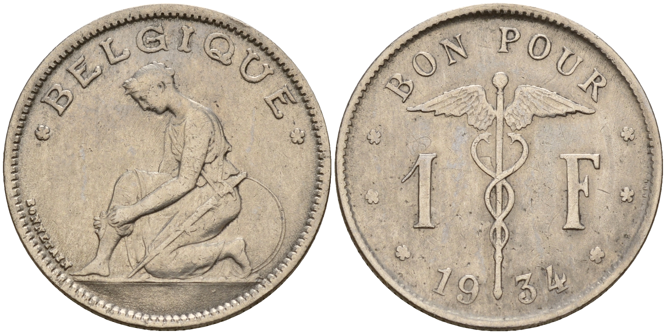 Бельгия 1 франк 1934 Belgique KM 89 никель    4161-1217