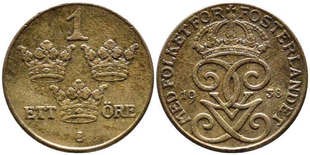 Швеция 1 эре 1938 Густав V (1907-1950) KM 777.2 бронза 4387-1218