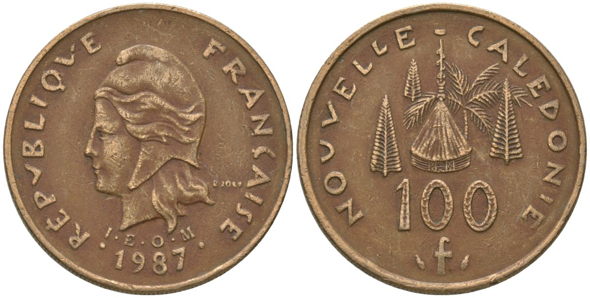 Французская Новая Каледония 100 франков 1987 хижина среди сосен и пальм, (IEOM) KM 15, Schoen 16, Lec 135 никель бронза 88-522