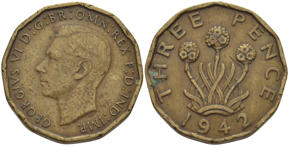 Великобритания 3 пенса 1942 Георг VI (1936-1952) KM 849, Spink 4112 никель латунь 28-312