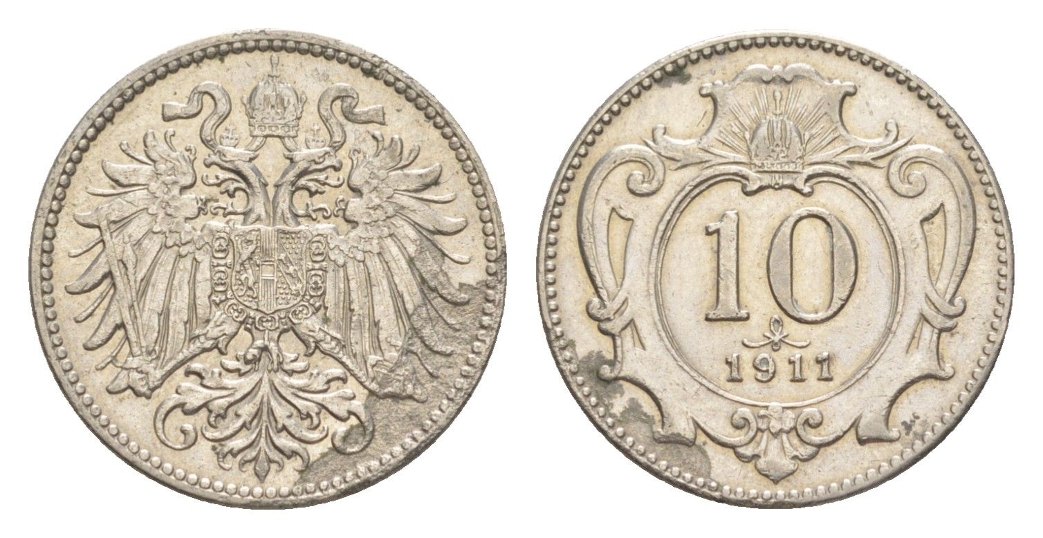 Австрия 10 геллеров 1911 Франц Иосиф I (1848-1916), редкий год KM 2802 никель 4639-1044