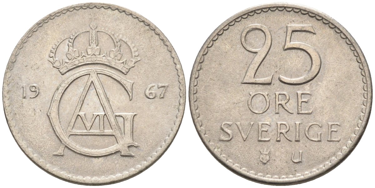 Швеция 25 эре 1967 Густав VI Адольф (1950-1973) KM 836 медно-никель UNC 4585-466