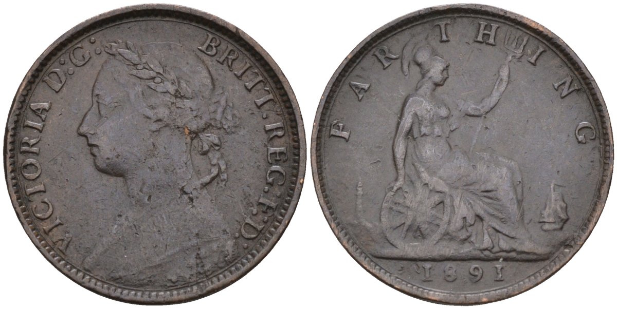 Великобритания 1 фартинг 1891 Виктория (1837-1901) KM 753, Spink 3958 бронза 4585-137