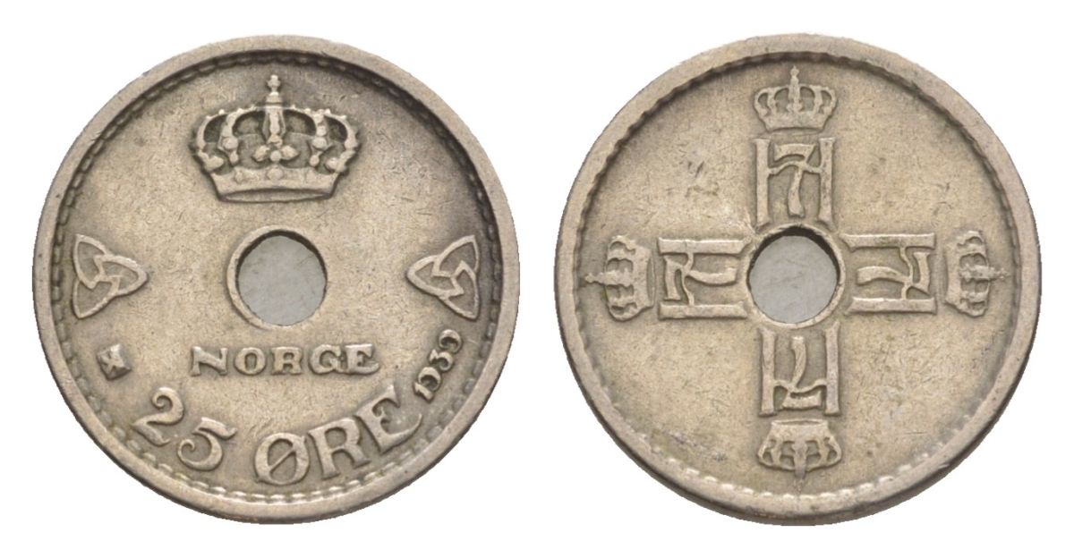 Норвегия 25 эре 1939 Хокон VII (1905-1957) KM 384 медно-никель 4632-1219