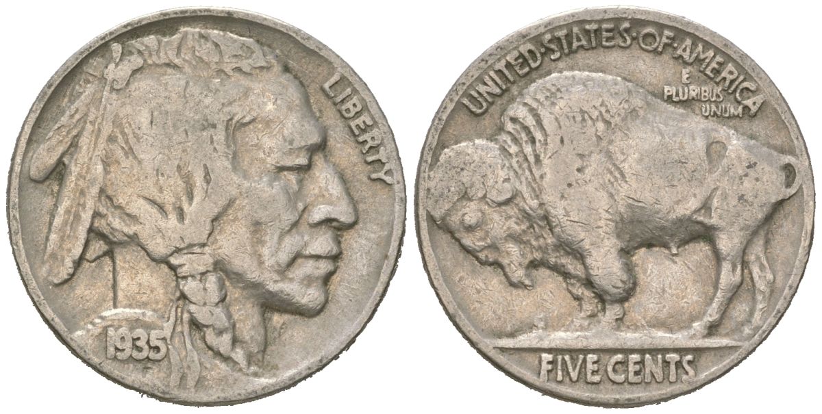 США 5 центов 1935 индеец, бизон KM 134 медно-никель 4614-1214
