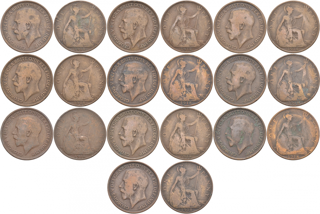 Великобритания набор из 10 монет (1 пенни) 1918 Георг V (1910-1936) KM 810, Spink 4051 бронза M14-6