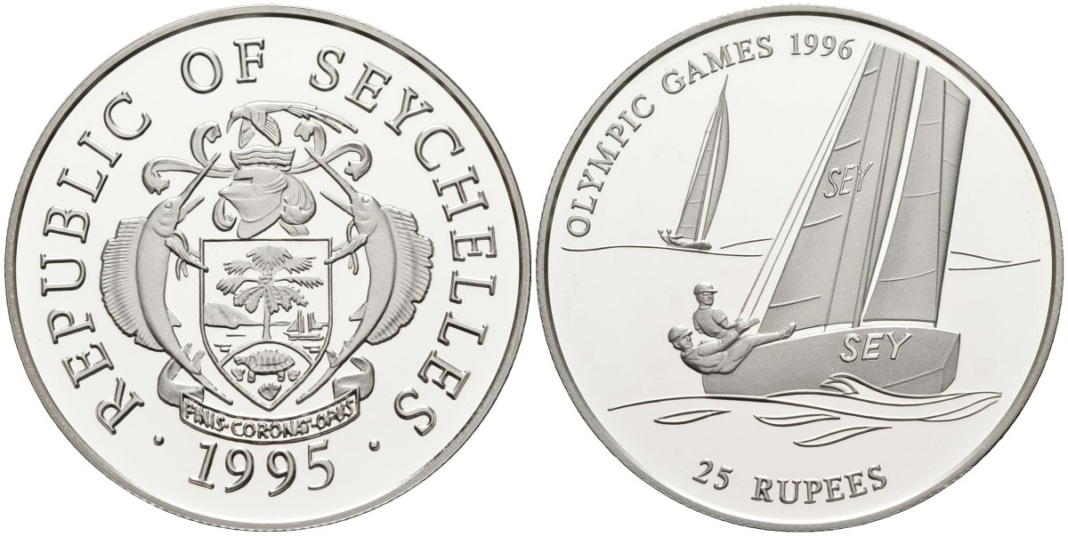 Сейшельские острова 25 рупий 1995 олимпийские игры 1996 года в Атланте, регата, тираж 30000 экз. KM 80 серебро PROOF 1095-10-34
