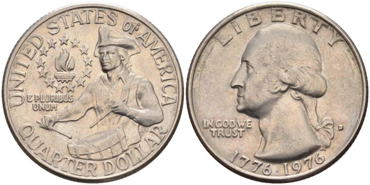 США 25 центов = квотер 1976 D, 200 лет независимости (1776-1976), Вашингтон, барабанщик KM 204 медь плакированная медно-никелем 4586-355