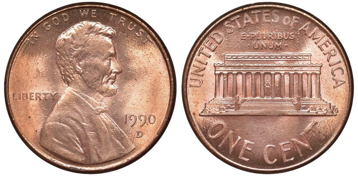 США 1 цент 1990 D KM 201b цинк плакированный медью 4532-625