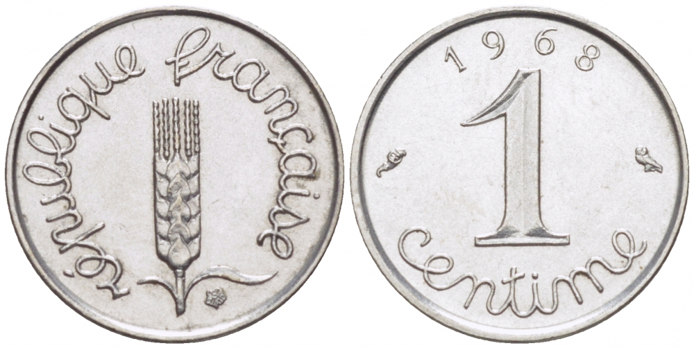 ФРАНЦИЯ 1 САНТИМ 1968 KM 928, LE FRANC 106.15 нержавеющая сталь UNC 112-565