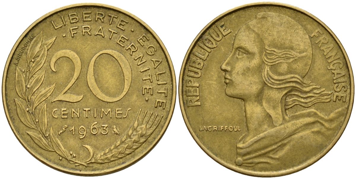 Франция 20 сантимов 1963 KM 930 алюминиевая бронза 4150-832