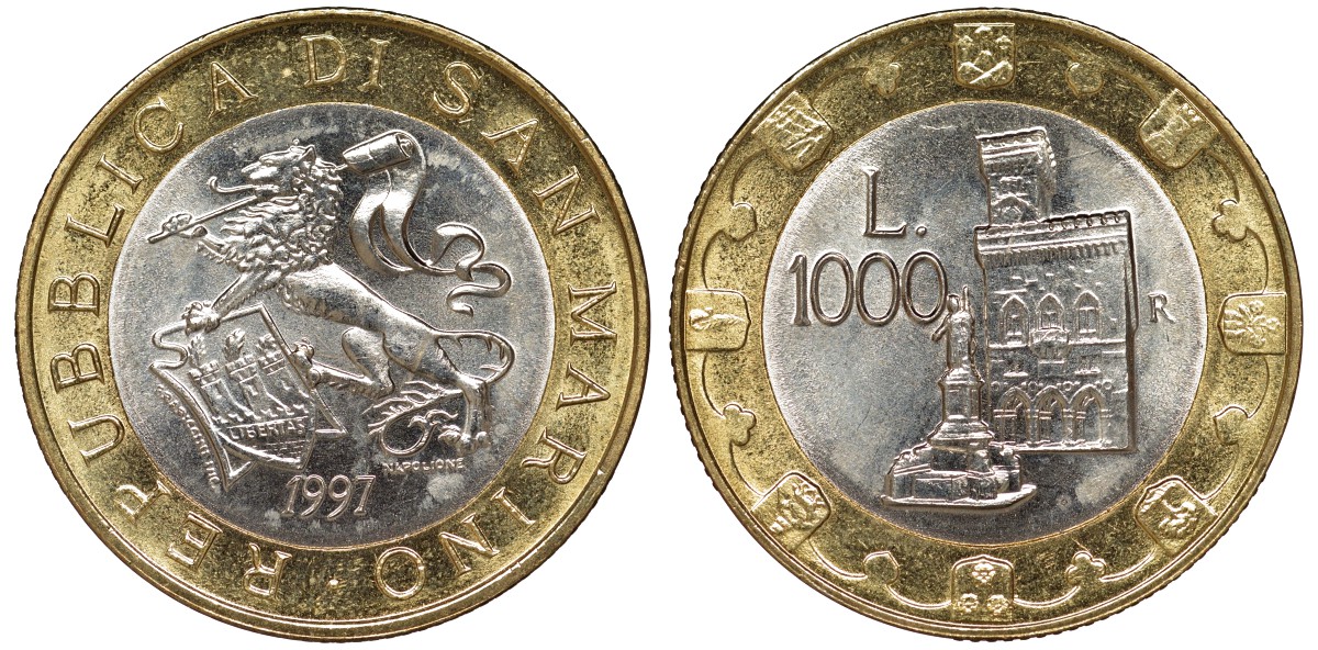 Сан-Марино 1000 лир 1997 1000 лет замку, лев KM 368 биметалл  51-4114