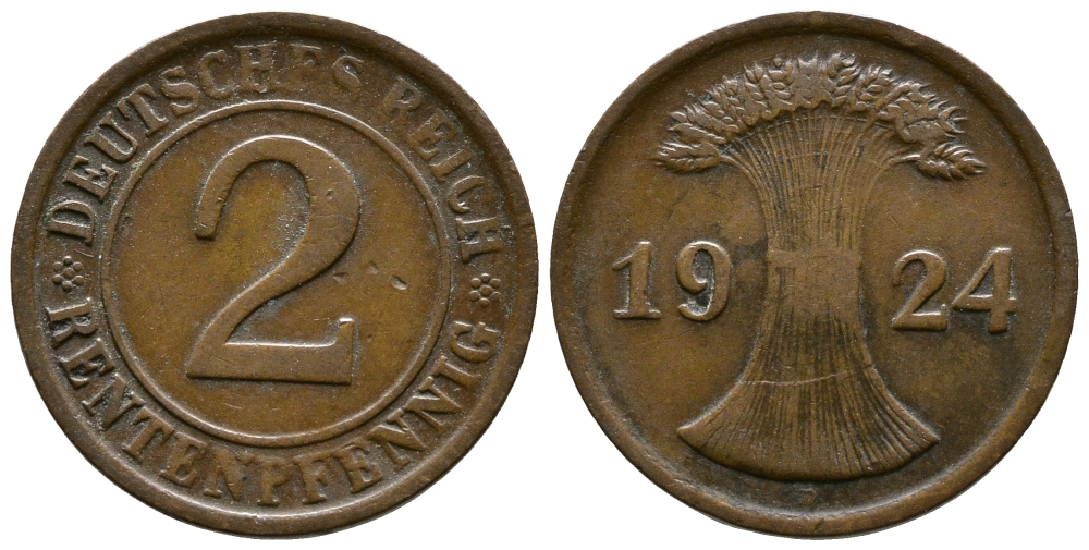 ГЕРМАНИЯ 2 РЕНТЕНПФЕННИГА 1924 D KM 31, J.307 бронза 86-1446