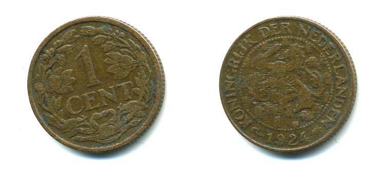 НИДЕРЛАНДЫ 1 ЦЕНТ 1924 ВИЛЬГЕЛЬМИНА (1890-1948), РЕДКИЙ ГОД KM 152 бронза 35-1319