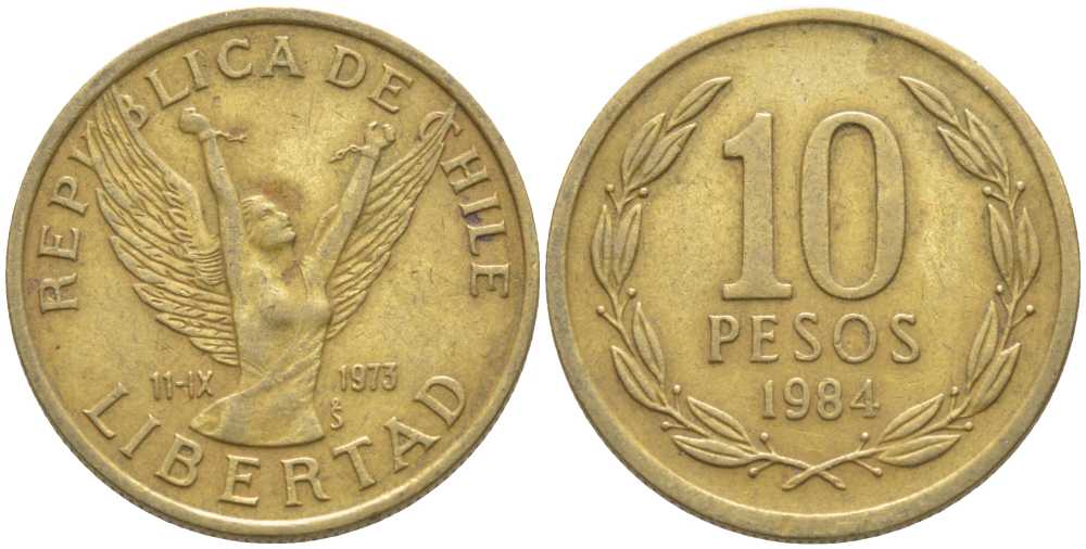 ЧИЛИ 10 ПЕСО 1984 KM 218.1 никель латунь 113-412