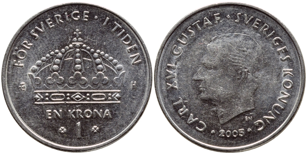 Швеция 1 крона 2005 Карл XVI Густав (1973- ) KM 894 медно-никель 4681-556