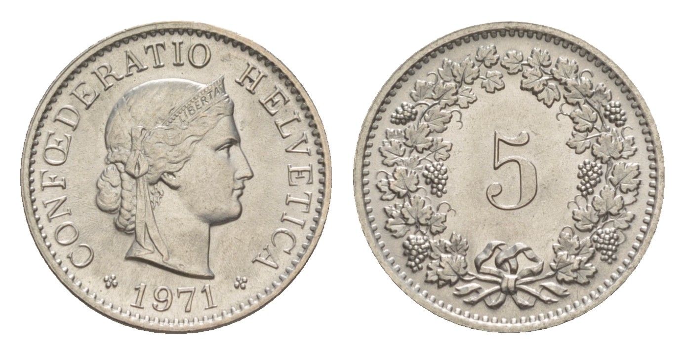 Швейцария 5 раппенов 1971 KM 26 медно-никель UNC 4611-953