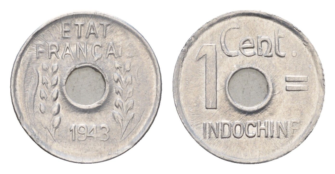 Французский Индокитай 1 сантим 1943 год-тип KM 26 алюминий 4674-1117