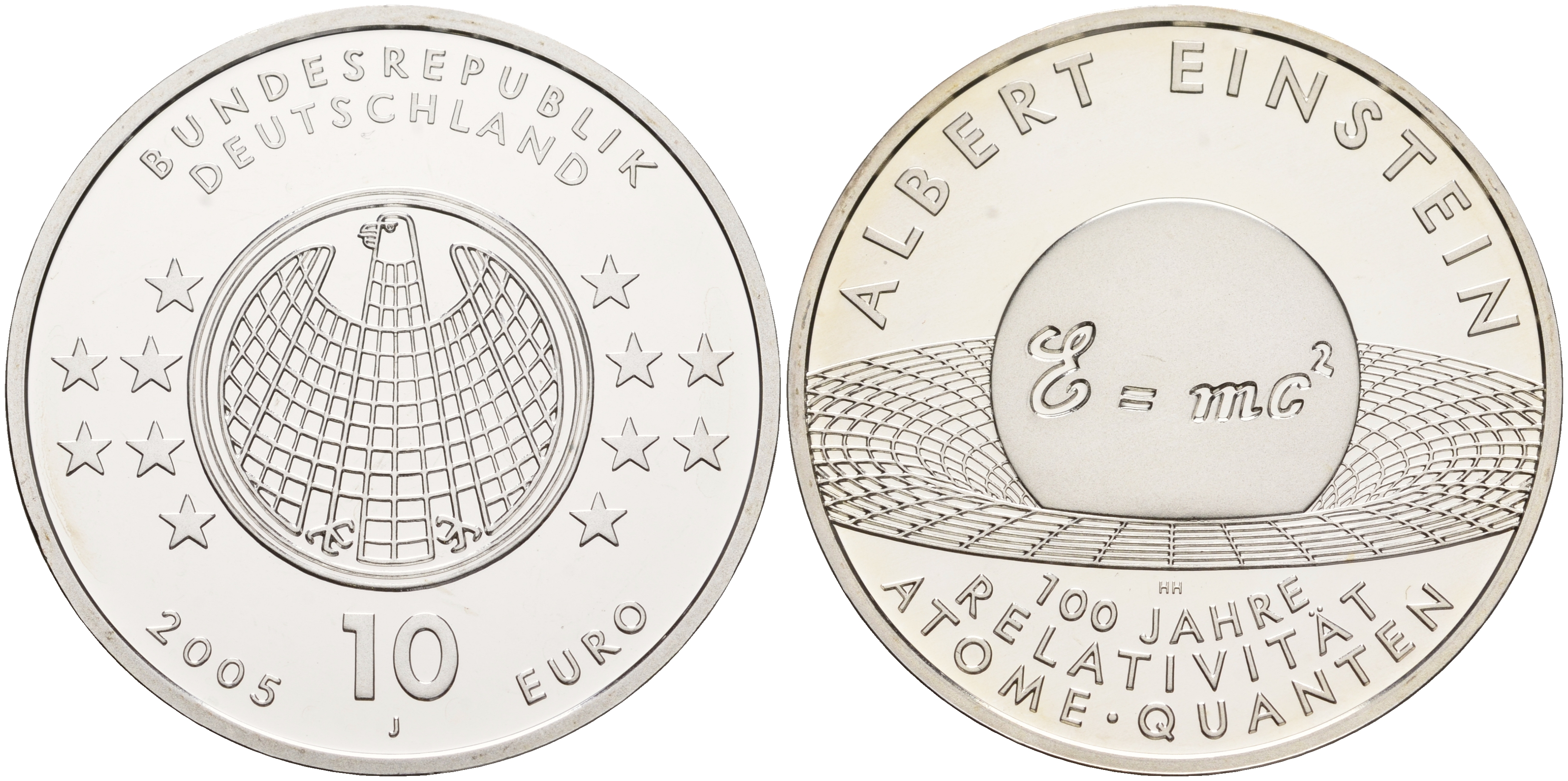 ФРГ 10 евро 2005 J, Альберт Эйнштейн, формула, 100 лет теории относительности KM 238, DE.S. 10.21 серебро PROOF 1076-3-52