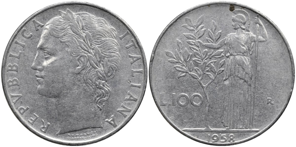 Италия 100 лир 1958 R, Афина в доспехах KM 96.1 нержавеющая сталь 4165-144