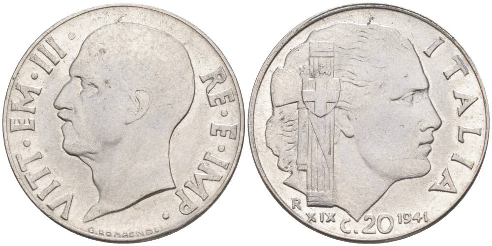 ИТАЛИЯ 20 ЧЕНТЕЗИМО 1941 R, ГОД XIX, ВИКТОР ЭММАНУИЛ III (1900-1946) KM 75b, VEM3. 1028 нержавеющая сталь 3853-942