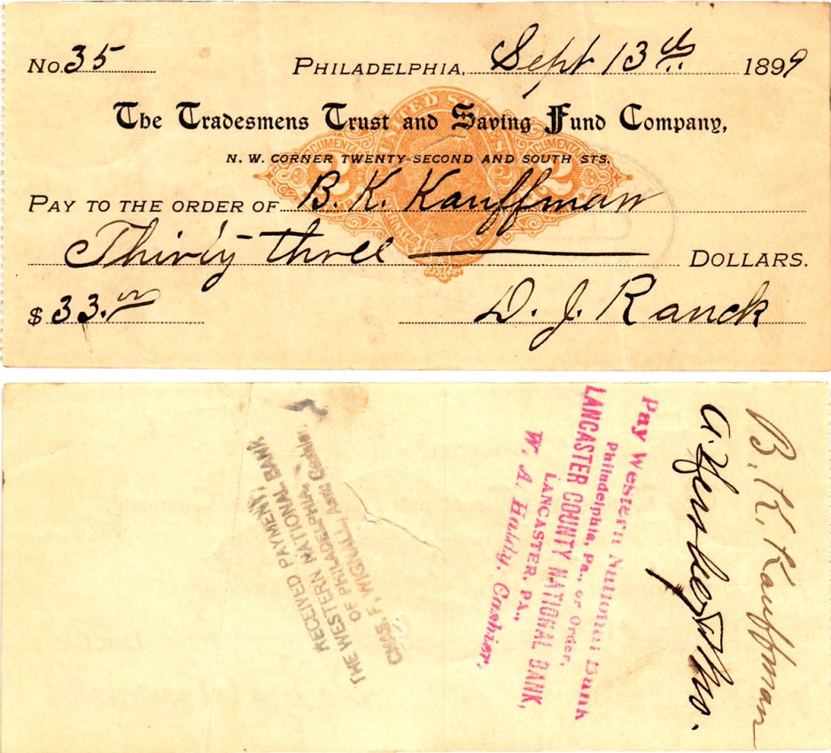 США чек на 33 долларов 1899 Филадельфия бумага 2196-48-2-2