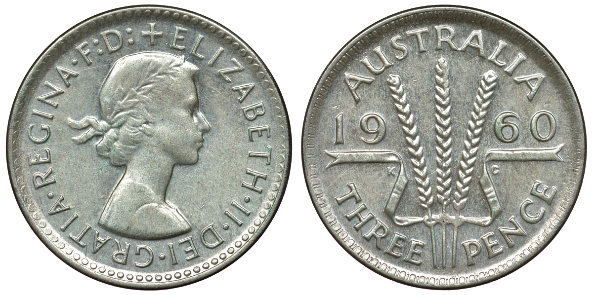 Австралия 3 пенса 1960 m, Елизавета II (1952-2022) KM 57 серебро 71-629