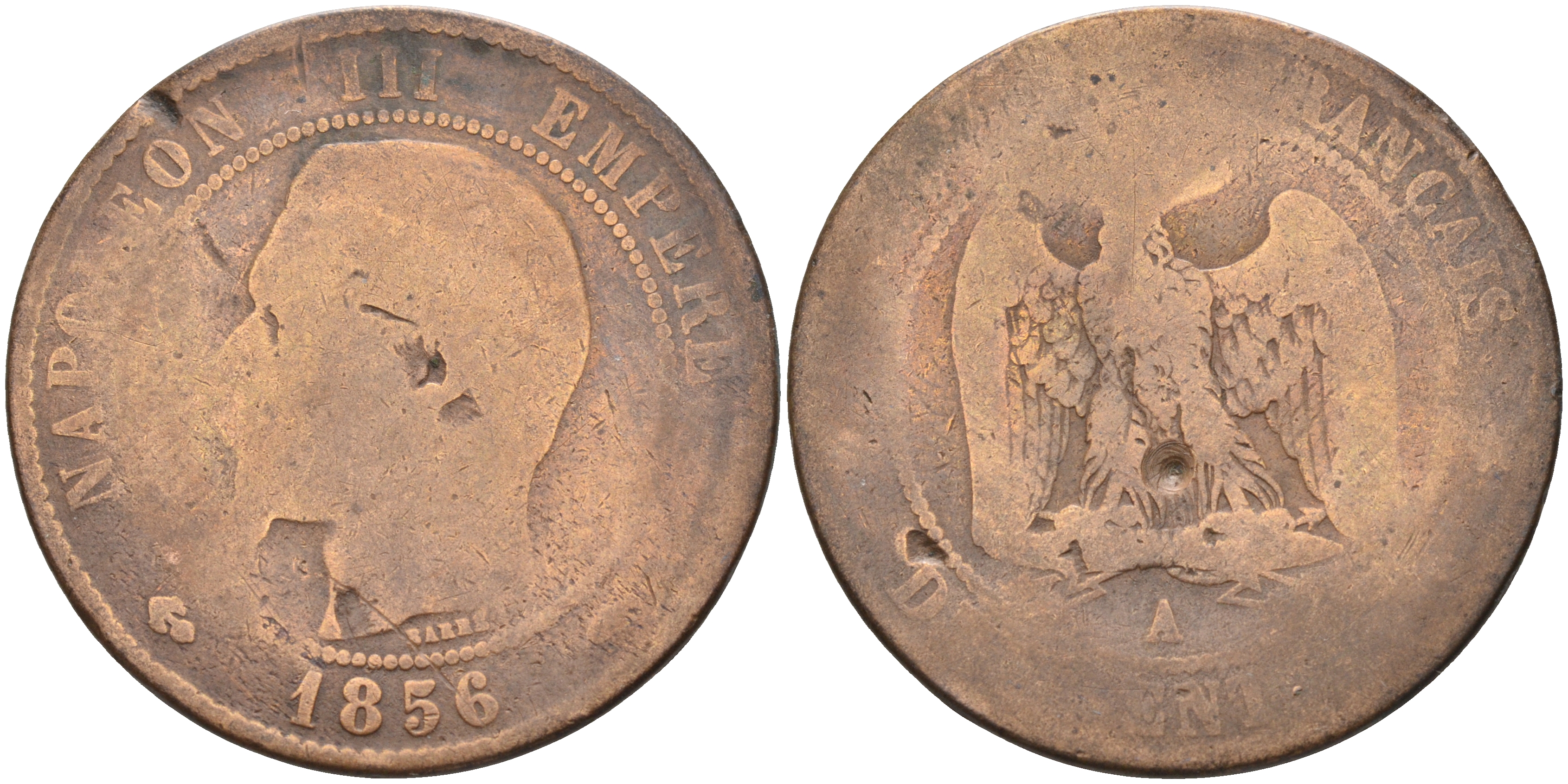 ФРАНЦИЯ 10 САНТИМОВ 1856 A, НАПОЛЕОН III (1852-1870) KM 771.1, LA FRANC 133.32 бронза 63-955