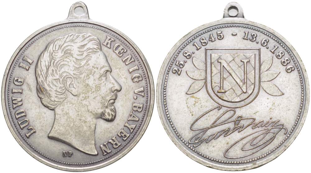 БАВАРИЯ МЕДАЛЬ ND В ПАМЯТЬ ПРАВЛЕНИЯ КОРОЛЯ БАВАРИИ ЛЮДВИГА II (25.08.1845-13.06.1886), С КОЛЬЦОМ ДЛЯ НОШЕНИЯ, ДИАМЕТР 39 ММ. белый металл 1084-7-14